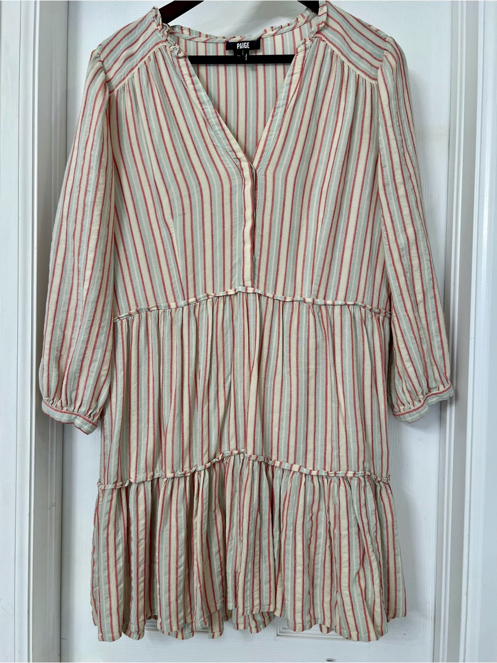 PAIGE cream, light blue & red Striped, Tiered Women's Dress